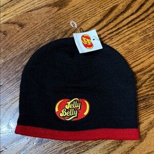 Jelly belly black with red trim embroidered logo beanie NWT